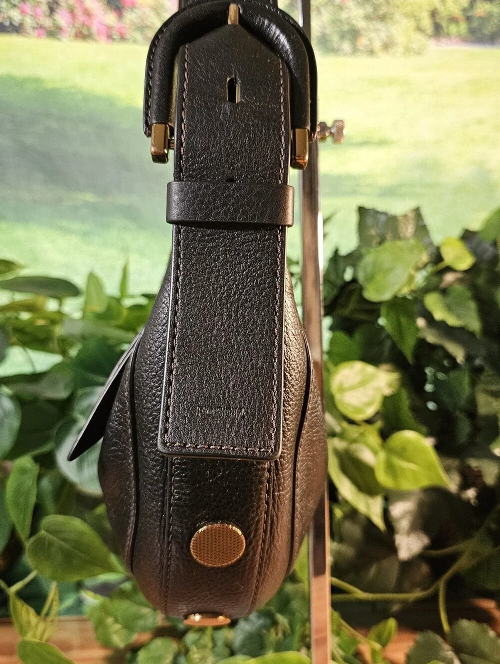 Rare Fossil Black Cowhide Leather Crescent Shoulder Bag Brass Hardware